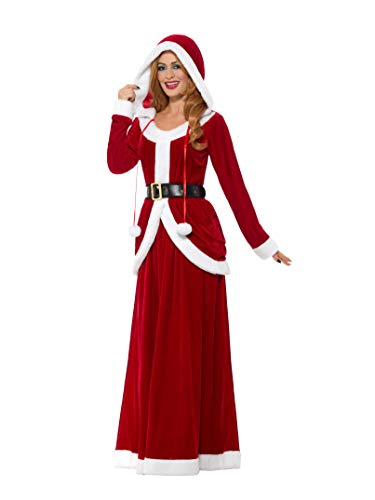 Woman wearing a long, red Ms. Claus costume with white trim.