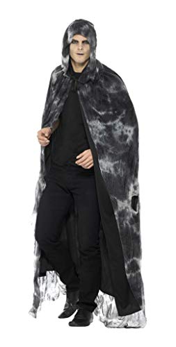 Man wearing a long, hooded, grey and black decayed costume cape.