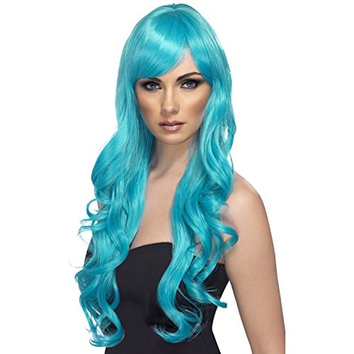 Long, curly aqua wig with fringe worn by a woman.