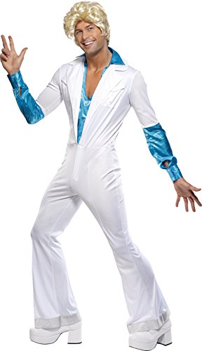 Man wearing a white disco jumpsuit with blue accents and a blonde wig.