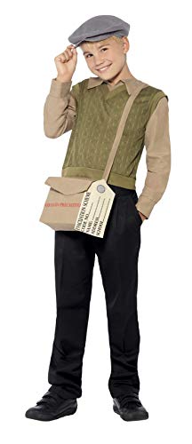 Boy in a vintage-style evacuee costume with satchel and beret.