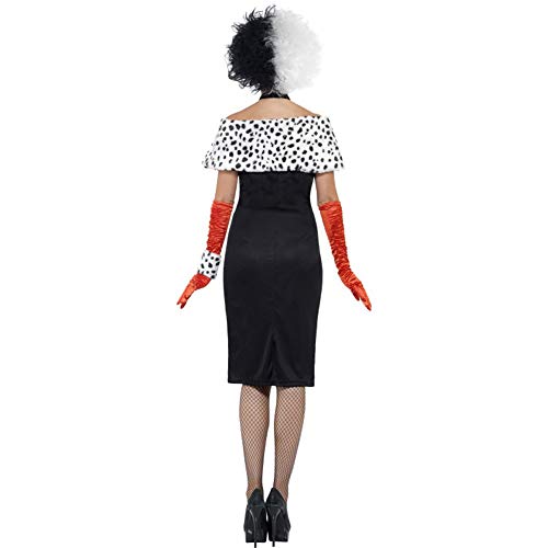 Black dress with white spots, long gloves, and a black and white wig.