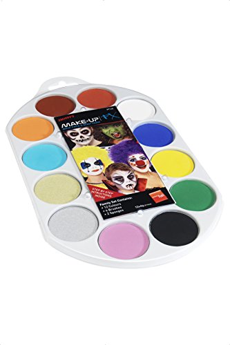 "Face paint palette with 12 colorful paints and a label featuring painted faces."