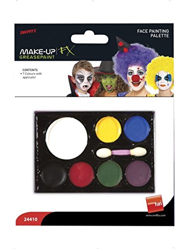 Smiffys face painting palette with seven greasepaint colors and an applicator in packaging.