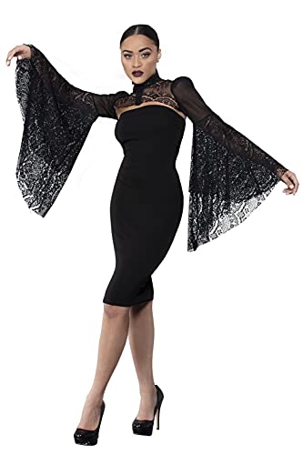 Woman modeling a black gothic dress with dramatic lace sleeves.
