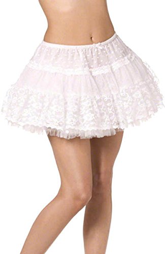 A woman wears a white lace petticoat, shown from waist to mid-thigh, against a white background.