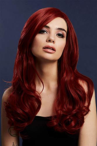 Woman with long, wavy, red wig, facing forward with neutral expression.