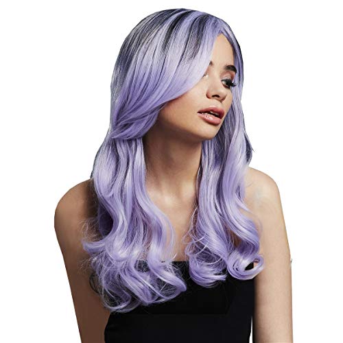 A woman with long, wavy lavender hair and dark roots, wearing a black top.