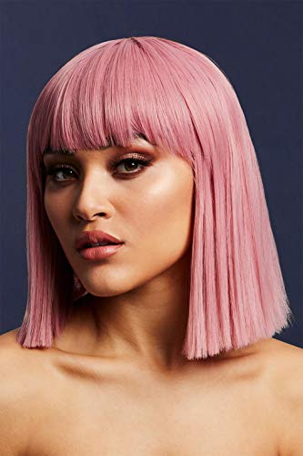 Woman with shoulder-length pink wig and bangs against a dark blue background.