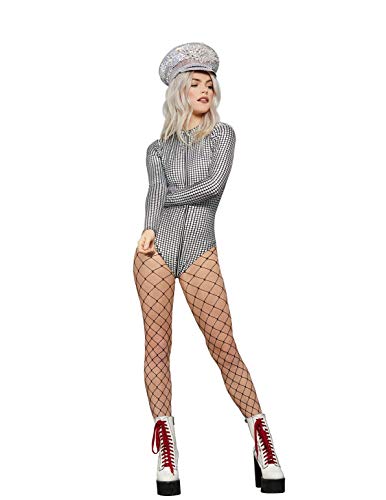 Woman in a holographic checkered bodysuit, fishnet stockings, and boots.