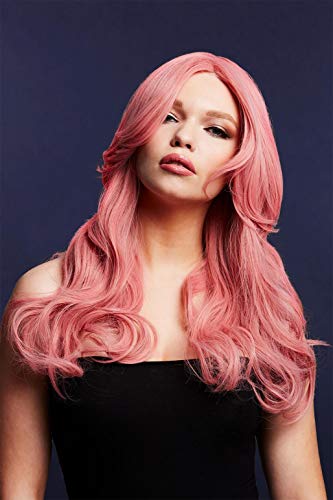 Woman wearing a long, wavy, light pink synthetic wig.