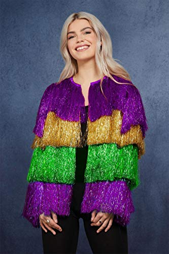 Woman wearing a colorful, fringed tinsel jacket for Mardi Gras.