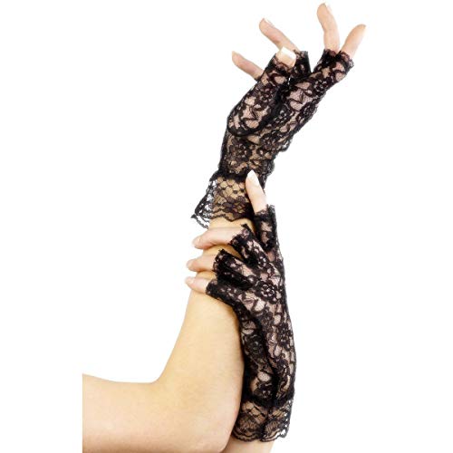 Black fingerless lace gloves displayed on a hand, floral pattern.