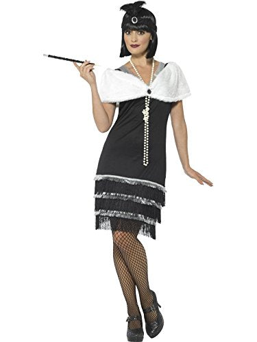 "Woman wearing a black flapper costume, white collar, fishnets, and holding a cigarette holder."