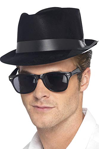 Man wearing a black flocked fedora hat and black sunglasses.