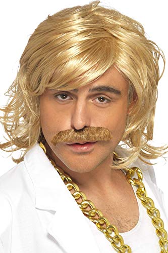 Man wearing a blonde wig and large, brown mustache.