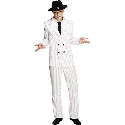 Man wearing a white pinstripe gangster suit with a black hat and tie.