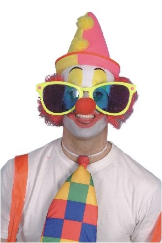 Man wearing oversized, brightly colored sunglasses and clown makeup.