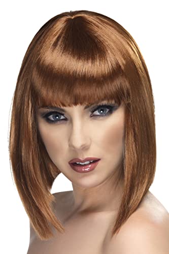 Brown bob wig with blunt cut and straight fringe, worn on a model.