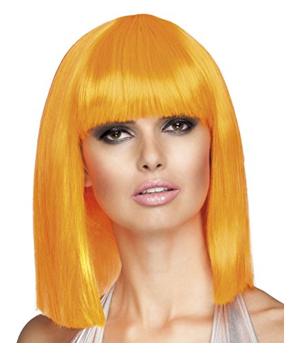 Woman wearing a bright neon orange, straight, shoulder-length wig with bangs.