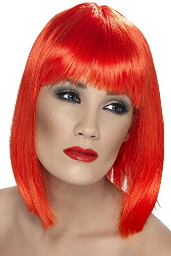 Bright neon red bob wig worn by a person with makeup.