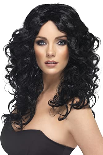 Woman modeling a long, curly, black wig with side-swept bangs.