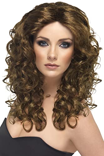 Woman wearing a long, curly, brown wig with side-swept bangs.