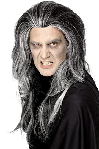 Long, black and grey wig worn by a person with vampire makeup.