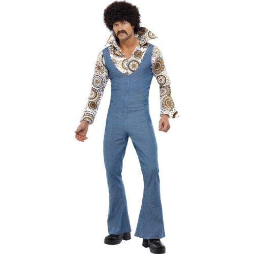 Man in a 1970s-style denim jumpsuit with a large afro wig.