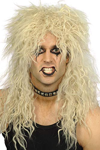 Long, messy blonde wig worn by a person with rock star makeup.