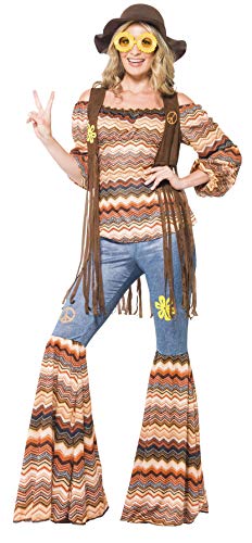 Woman in a 1960s-style hippie costume with flared trousers.