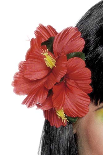 Red hibiscus flower hair clip worn in dark hair.