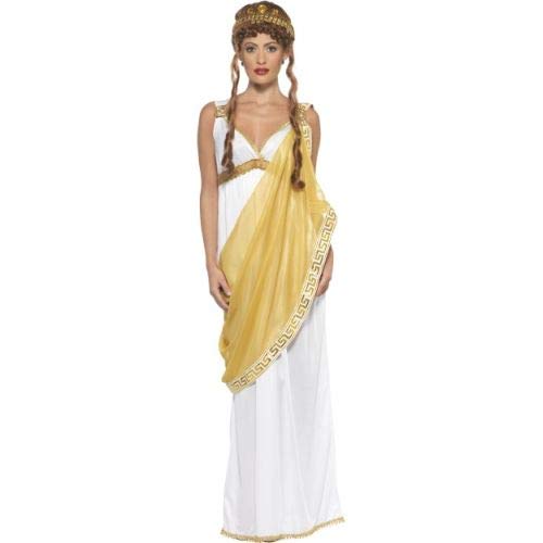 Woman in a long white and gold Helen of Troy costume.