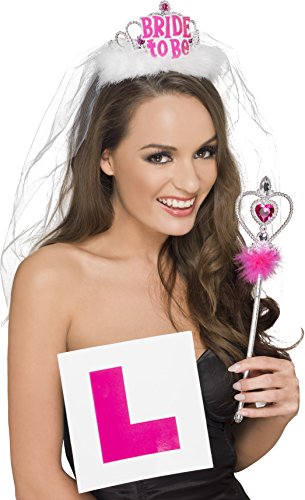 Woman wearing a "Bride to Be" veil, holding a wand and an "L" sign.