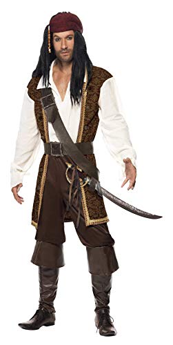 Man wearing a pirate costume with a brown patterned vest, white shirt, and sword.