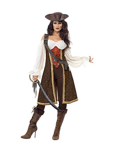 Woman in a brown pirate wench costume with sword and hat.