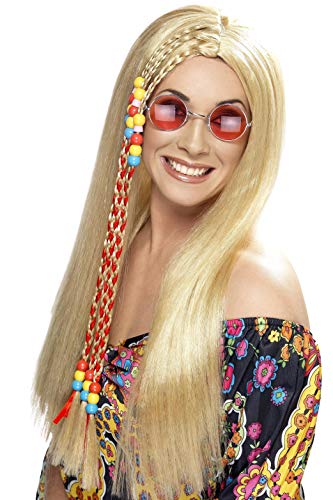 Long blonde wig with braided side and colorful beads, worn by a woman.