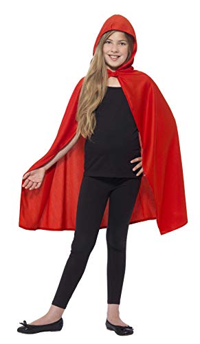 Girl wearing a long, red hooded cape against a white background.