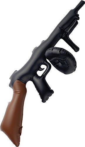 Black inflatable Tommy gun with a brown grip on a white background.