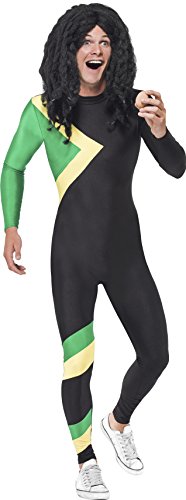 A man wearing a black, green, and yellow full-body costume and curly black wig.
