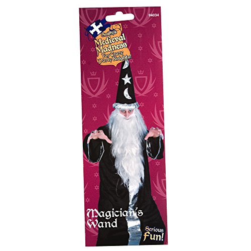 A person dressed as a magician holds a black wand against a white background.