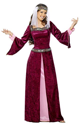A woman wearing a medieval-style burgundy velvet dress with a white headpiece and veil.