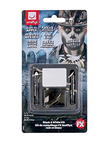 Black and white Halloween makeup kit in clear plastic packaging.