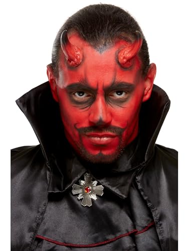 Man with red devil makeup, horns, and black cape.