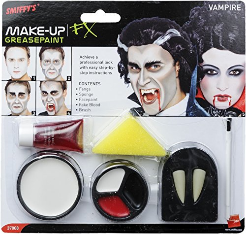 Smiffys vampire makeup kit packaging containing face paint, fake blood, sponge, brush, and fangs.