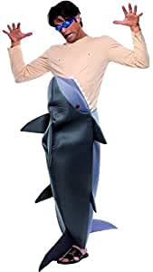 Man in a gray inflatable shark costume with open mouth and fins.