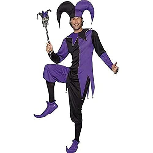 A man wearing a black and purple jester costume with a matching jester hat.