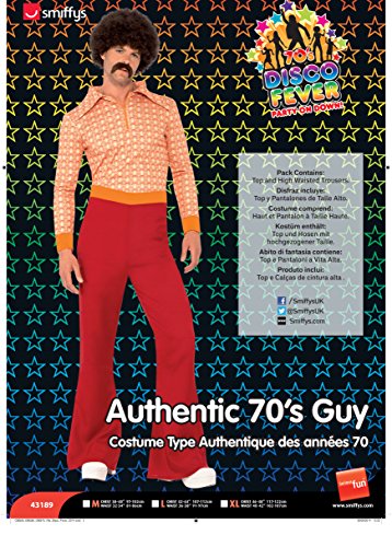 Man in a 1970s-style red and orange patterned costume with an afro.