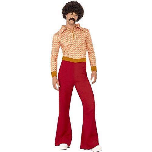 Man wearing a 1970s style patterned shirt, red bell-bottom trousers, and an afro wig.
