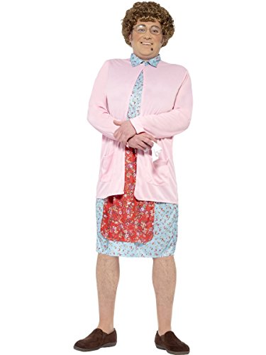 Man in Mrs. Brown costume: floral dress, pink cardigan, wig, glasses.